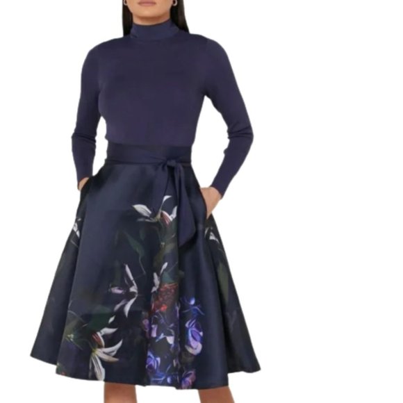 Ted Baker London Dresses & Skirts - Ted Baker London Dominaa Navy Blue Long Sleeve High Neck Floral Skirt Dress